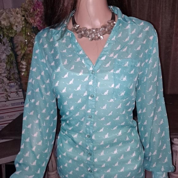 White Cat 🐱 Print Teal Blouse - Picture 3 of 7
